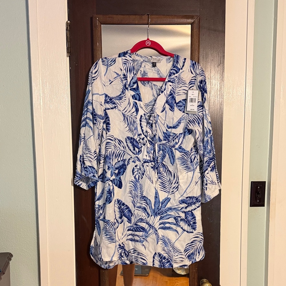 Blue and White Tropical Leaf Beach coverup